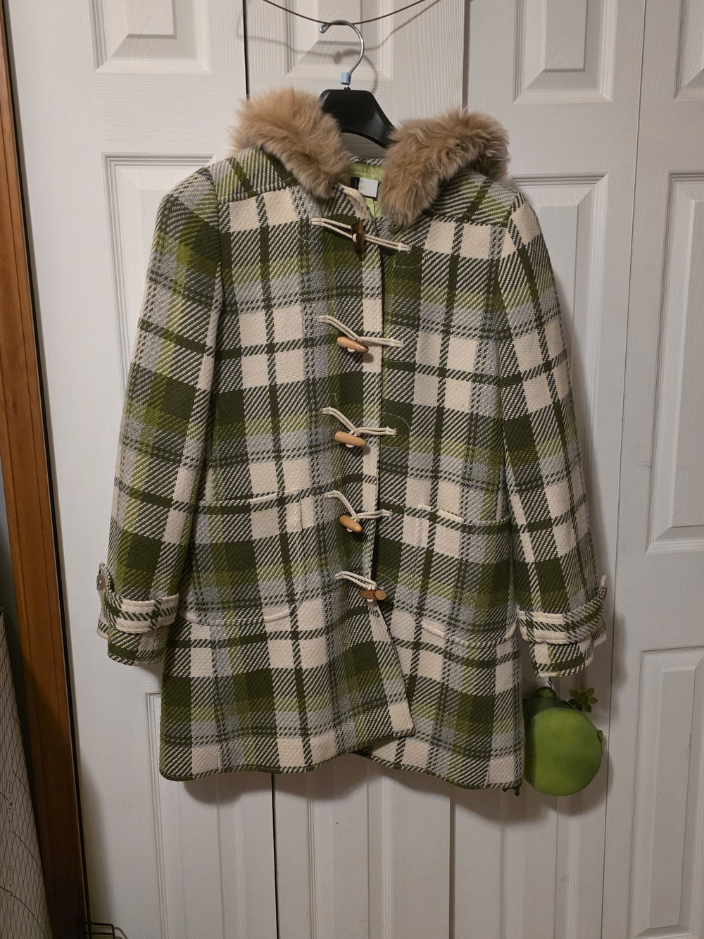 J. Crew Green & Cream Plaid Toggle Pea Coat with Faux Fur Trim